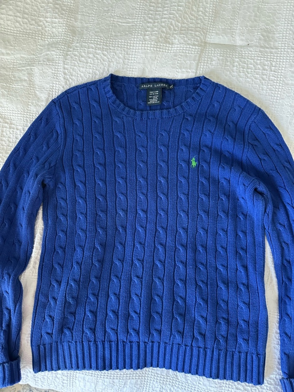 Ralph Lauren Women’s Royal Blue Cable Knit Crewneck Sweater with Green Pony